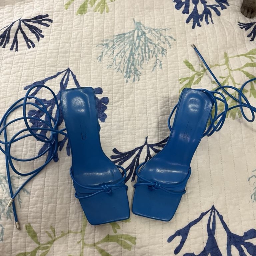 Blue square toe heels